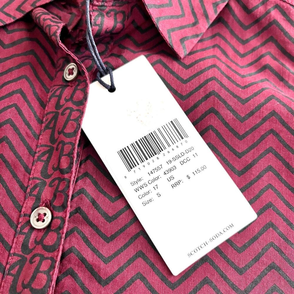 NWT Scotch & Soda Long Sleeve Button Up Semi Sheer Shirt Burgundy Black Small - Picture 12 of 12